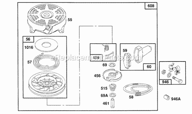 Rewind Assembly Diagram and Parts List for 126802-0421-01  Briggs and Stratton Engine